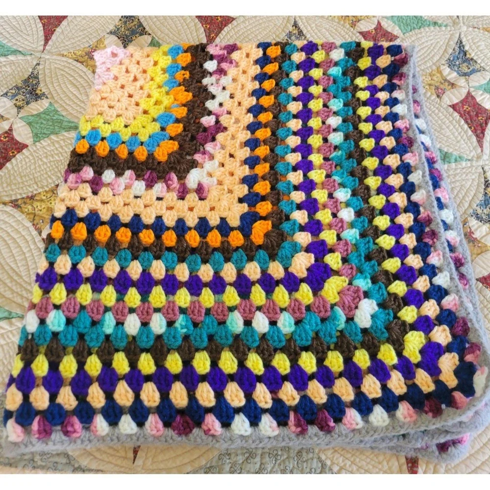 Retro Crochet Granny Square‎ Lap Blanket Multicolor Handmade Afghan 40x40